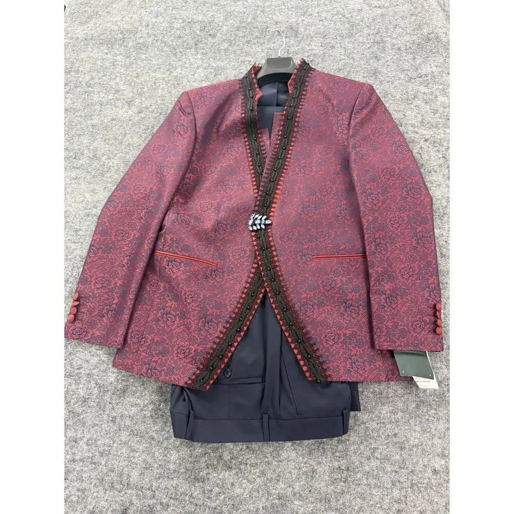 Pietro Scarlatti Mens Mandarin Suit Blazer Pants Brocade Floral US42 EU 52 T7